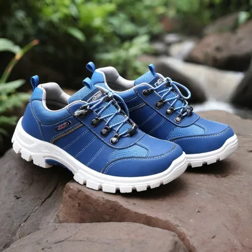 Prompt: Sepatu warna biru diruang autdoor dengan latar belakang pegunungan