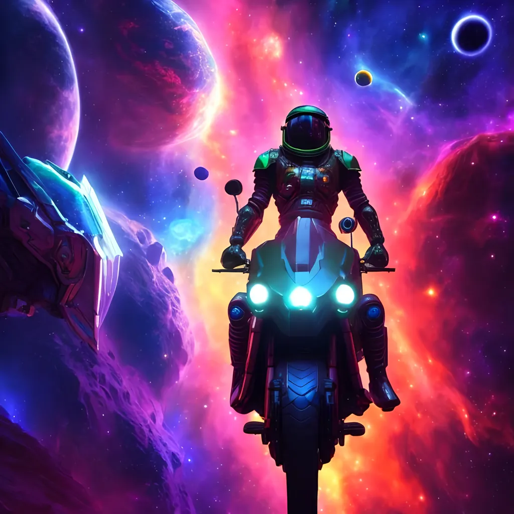 Prompt: space outlaws on space motorcycles different alien species shredded muscular physics , 80s fantasy, Heavy metal in the style of colorfull fantasy, uhd image, colorful nebula, majestic composition, dark fantasy atmosphere, psychedelic fluid colors, unreal engine, photorealistic, volumetric lighting 