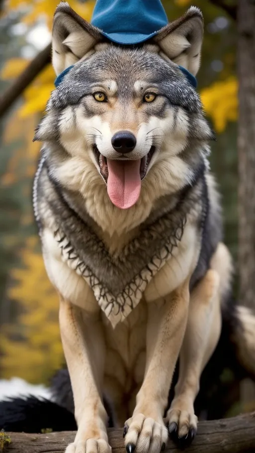 Prompt: Wolf with cute style hat
And freckles with a blue nose, and make it kind of a furry like fursuits and with earrings, and a nose piercing

