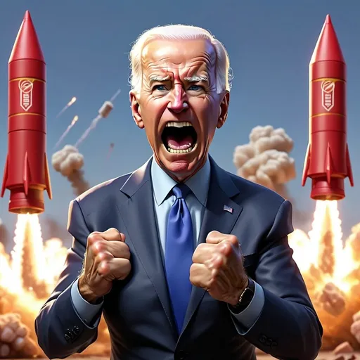 Prompt: Joe Biden fighting back rockets with bare fists looking angry