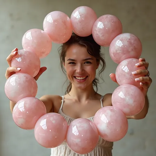 Prompt: A hyper-realistic photo of a beautiful, natural-looking human holding or playing with a gigantic rose quartz gemstone bead bracelet. The oversized bracelet beads look heavy and magical, with natural crystal textures. The person appears joyful and curious, as if interacting with a mysterious treasure. The scale is surreal — the bracelet looks enormous compared to the person, making the viewer wonder if the bracelet is huge or the person is tiny. Soft natural lighting, outdoors or in a serene, minimalist indoor space. High resolution, cinematic realism, subtle fantasy vibes.