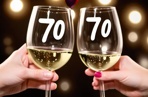 Prompt: 2 wine glasses cheering in the air, in each glass is white wine and number 70, the cups are at an angle of 75 degrees facing each other. NO HUMAN HANDS ON PICTURE PLEASE. Background is blurred birthday party, in each glass is number 70.