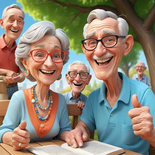 Prompt: Happy 3D cartoon characters, elderly target audience, book cover, caricatures, Anglo-Saxon, high quality, 3D rendering, joyful expressions, bright colors, detailed wrinkles, fun activities, sunny outdoor setting, vibrant hues, cheerful atmosphere, elder-friendly, highres, vibrant colors, detailed caricatures, joyful, outdoor scenes, detailed wrinkles, 3D rendering, professional