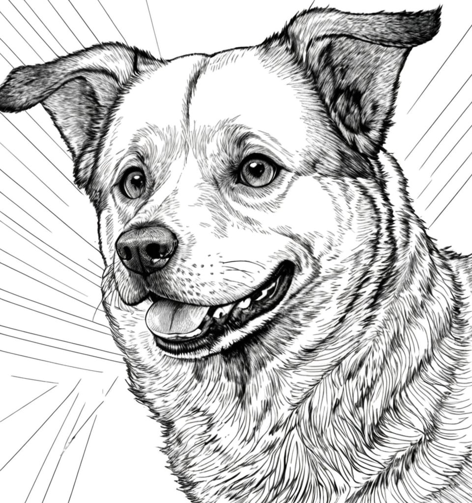 Prompt: Picture of dog, line work, black and white. 