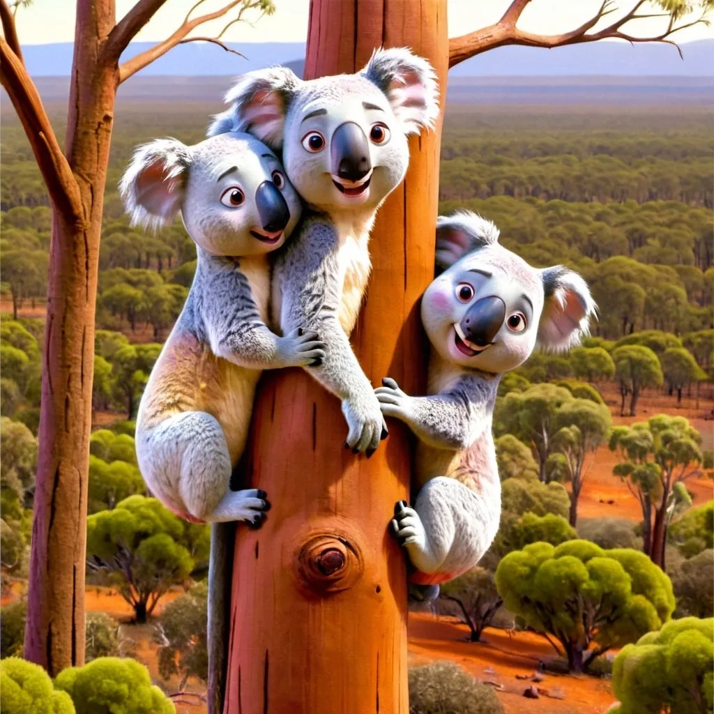 Prompt: THREE koalas on a tall tree in the australian outback