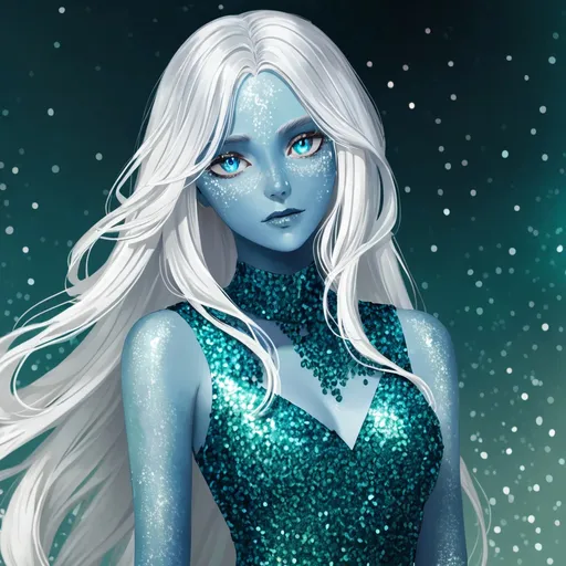 Prompt: A woman with blue skin, Long silvery white hair, blue eyes, wearing a knee length glittery sea green dress