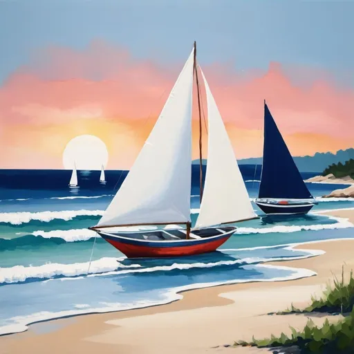 Prompt: Make a happy painting of a beach with sail boats and Use three basic colors including navy blue.