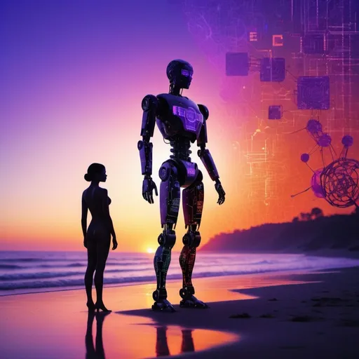 Prompt: A silhouette of a human and an AI robot standing side by side on a beach at sunset. The sky is filled with vibrant colors of purple, red, and orange. In the silhouettes, there is a double exposure effect showing neural networks and binary code. Futuristic, abstract art, high contrast, vibrant colors