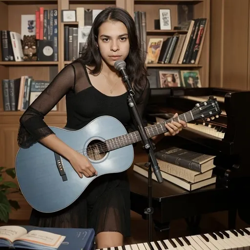 Prompt: Musician Oivia Rodrigo holding a guitar in front of a microphone and a piano in a room with a book shelf, Chica Macnab, barbizon school, promotional image, an album cover