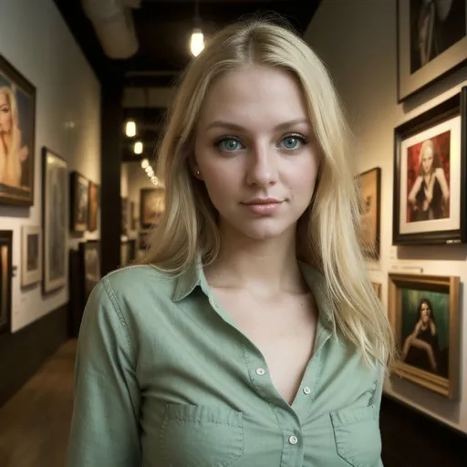 Prompt: Very attractive, blonde green eyes Friendly, sharp-casual girl in her 20s, detailed and unique eyes, leading music memorabilia and art galleries, high quality, professional, casual elegance, art nouveau, warm tones, focused lighting