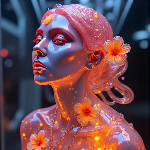 Prompt: transparent glass sculpture of a woman, (vibrant) flowers entwined in artistry, (intricate details) showcasing elegance and emotion, (surreal ambiance) radiating colors, captivating (colorful background) with swirling patterns and hues, ethereal light enhancing the transparency, (highly detailed), dreamlike atmosphere, (ultra-detailed) with a focus on delicate features and craftsmanship.