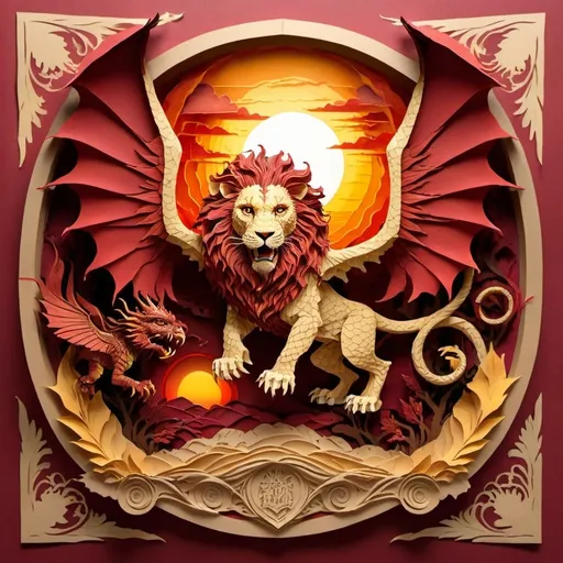 Prompt: Mythical manticore, (lion head) (lion body), (dragon wings), (scorpion tail), dramatic poses, soaring through a vibrant sunset sky, intricate detailing, majestic and fearsome appearance, ethereal golden and crimson hues, ultra-detailed, high quality, cinematic atmosphere, a sense of wonder and mystique