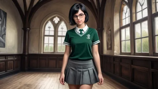 Prompt: 23 year old woman short black hair. she uses glasses. wearing the Slytherin uniform. in the room of an old castle. short skirt and converse tennis shoes. pencil drawing art. photorealistic. hdr