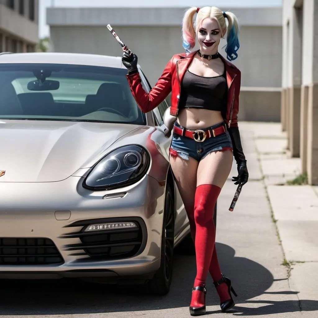 Prompt: harley quinn. falda corta.  junto a un porsche panamera. 