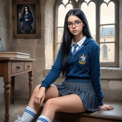 Prompt: 19-year-old woman, long, straight black hair. she uses glasses. wearing the ravenclaw uniform. in the room of an old castle. sitting. short skirt and converse tennis shoes. pencil drawing art. photorealistic. hdr