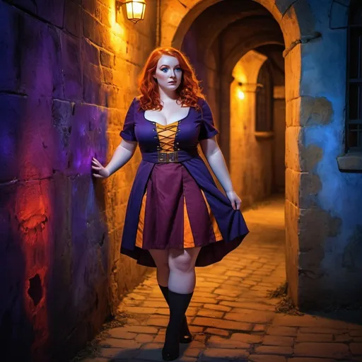 Prompt: lily evans woman plus size cosplayer, wine short dress. red head. using huffelpuff uniform. walking in front of an old wall. illuminated by dim blue, orange and purple lights. watercolor painting on canvas. 3d. hdr. photorealistic. ultraviolet light photography.