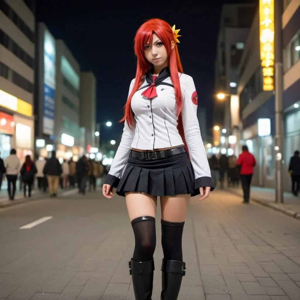 Prompt: chica negra. con cosplay de Kushina usumaki. falda y botas cortas. caminando por la ciudad. Durante la noche. fotorrealista. Estilo anime. hd.