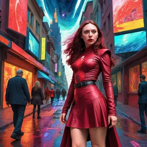 Prompt: the scarlet witch.short skirt. on the streets of a colorful city of the future. cyberpunk. van gogh style. digital art . photorealistic.