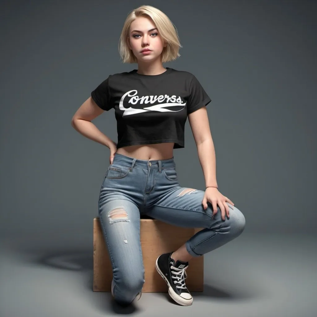 Prompt: en primer plano, una mujer rubia. cabello corto. camiseta negra crop top. falda corta de jean. medias negras. tenis converse. estilo arte digital. fotorrealista. 3d.