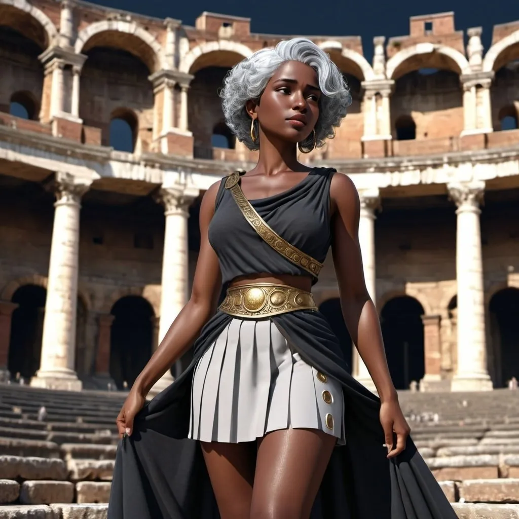 Prompt: Black skin latin woman. Gray hair. in the roman coliseum. in crescent moon. Skirt. photorealistic. Manga style. hd. 8k resolution.