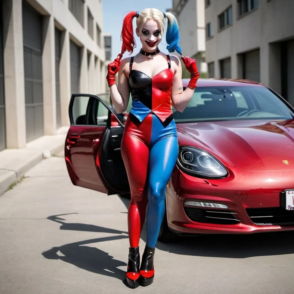 Prompt: harley quinn. falda corta.  junto a un porsche panamera. 