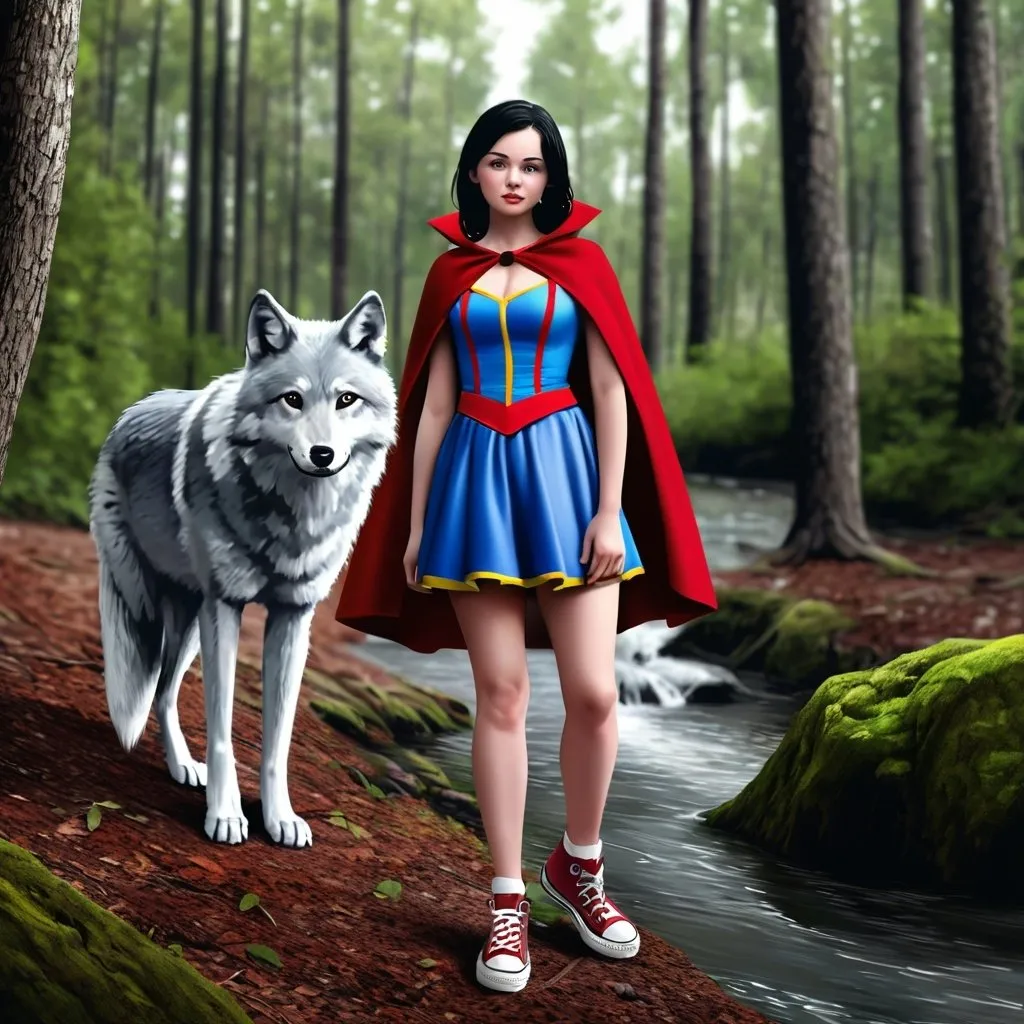 Prompt: Young adult woman. Wearing a Snow White cosplay. in the middle of a forest. near the river. red cape, short skirt and converse sneakers. photorealistic. Digital art. accompanied by a gray wolf. 