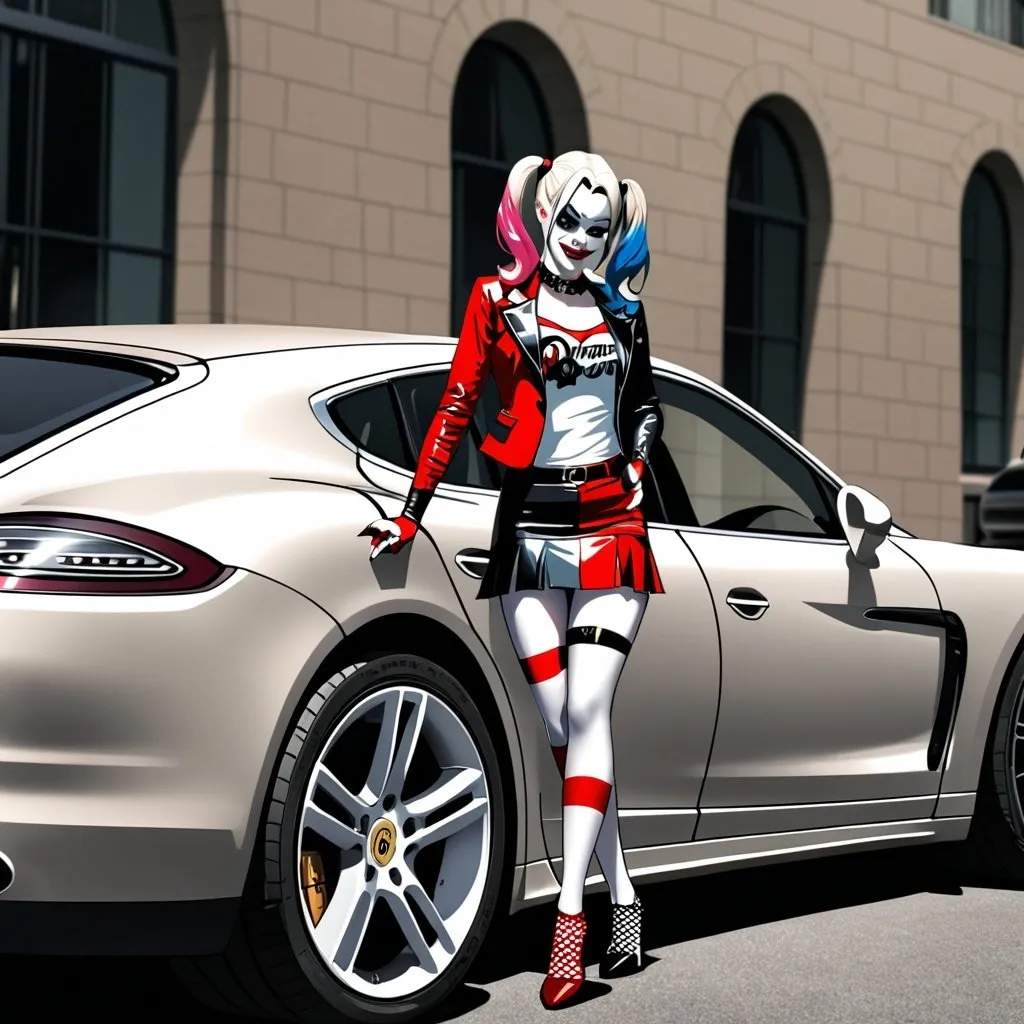 Prompt: harley quinn. short skirt.  next to a Porsche Panamera.