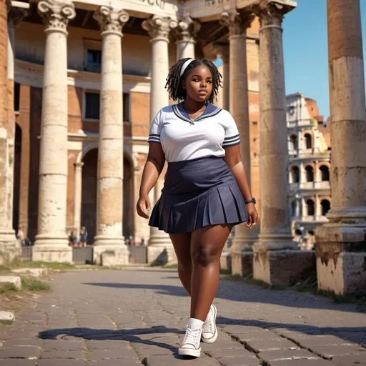 Prompt: African girl. ebony skin plus size. In a schoolgirl uniform. Short skirt and converse sneakers. Walking through Rome. Near the Roman coliseum. Digital art style. Photorealistic.