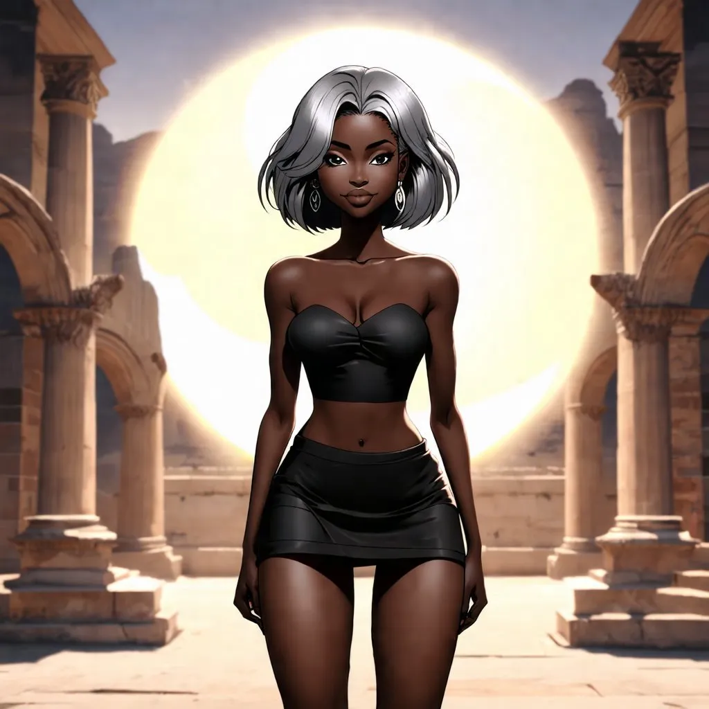 Prompt: Black skin latin woman. Gray hair. in the roman coliseum. in crescent moon. Skirt. photorealistic. Manga style. hd. 8k resolution.