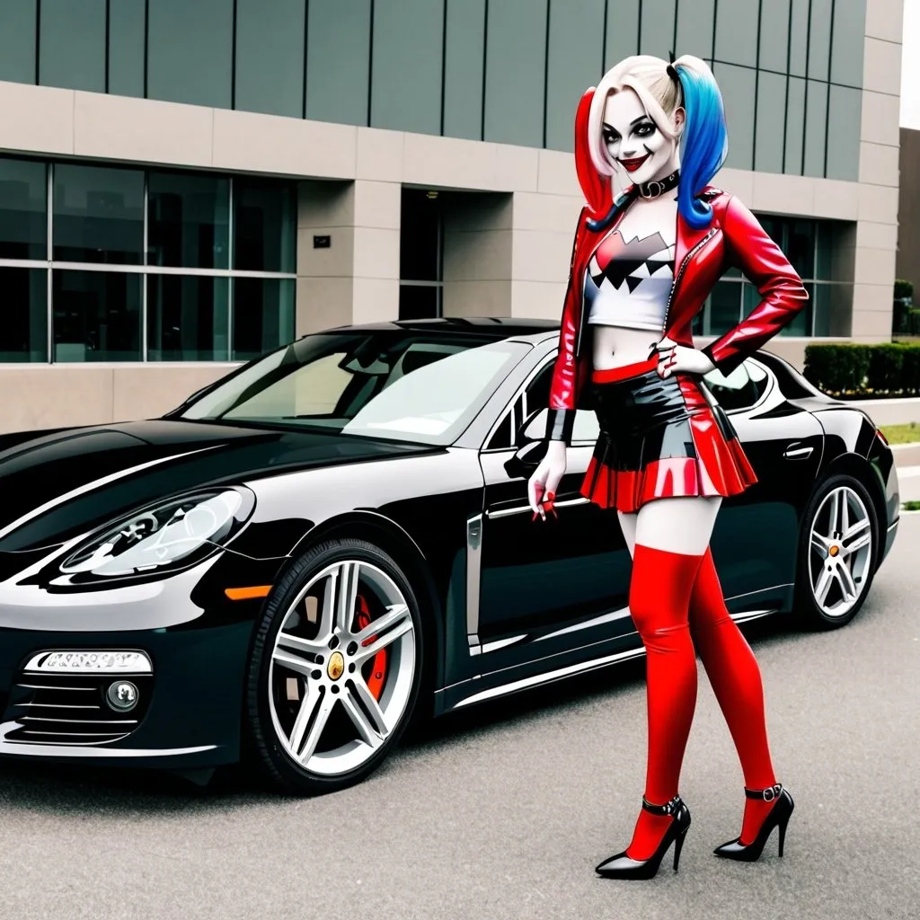 Prompt: harley quinn. short skirt.  next to a Porsche Panamera.