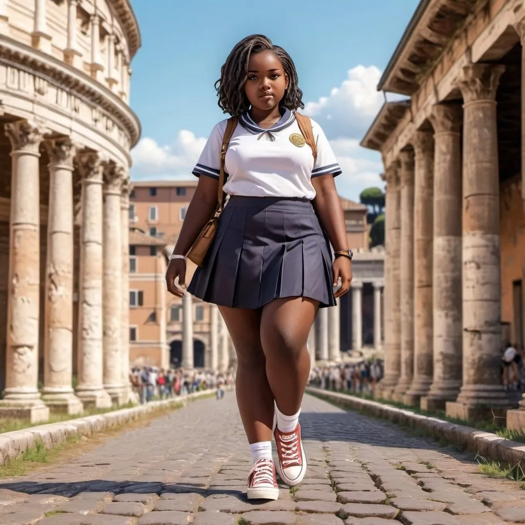 Prompt: African girl. ebony skin plus size. In a schoolgirl uniform. Short skirt and converse sneakers. Walking through Rome. Near the Roman coliseum. Anime style. Photorealistic.