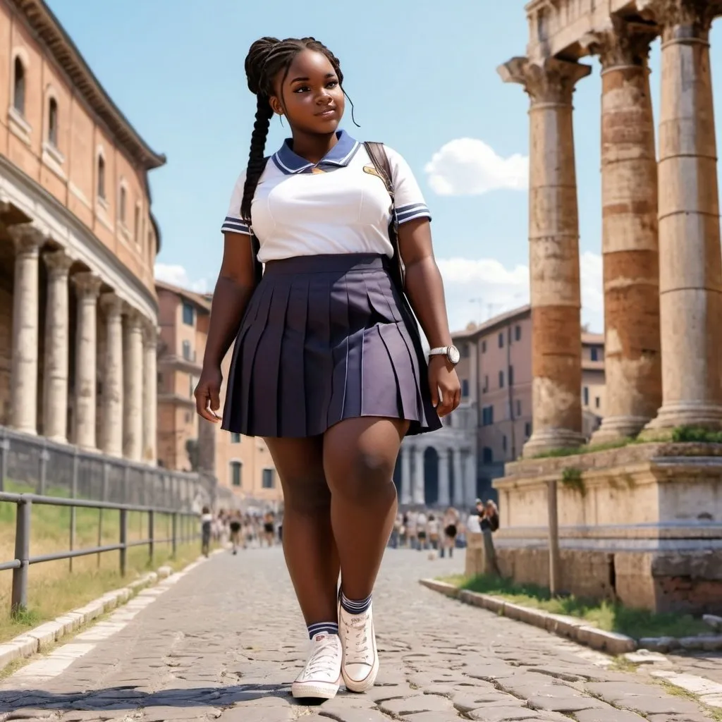 Prompt: African girl. ebony skin plus size. In a schoolgirl uniform. Short skirt and converse sneakers. Walking through Rome. Near the Roman coliseum. Anime style. Photorealistic.