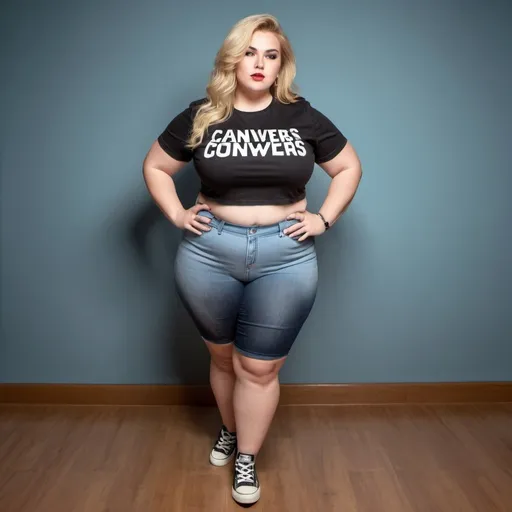 Prompt: en primer plano, una mujer rubia. Plus size. cabello corto. camiseta negra crop top semitransparente. falda corta de jean. medias negras. tenis converse. estilo arte digital. fotorrealista. 3d.