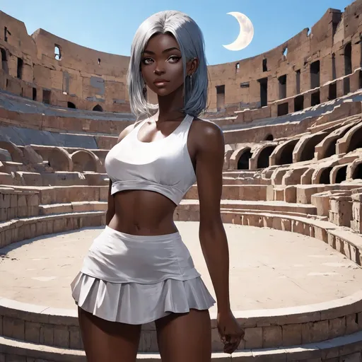 Prompt: Black skin latin woman. Gray hair. in the roman coliseum. in crescent moon. Skirt. photorealistic. Manga style. hd. 8k resolution.