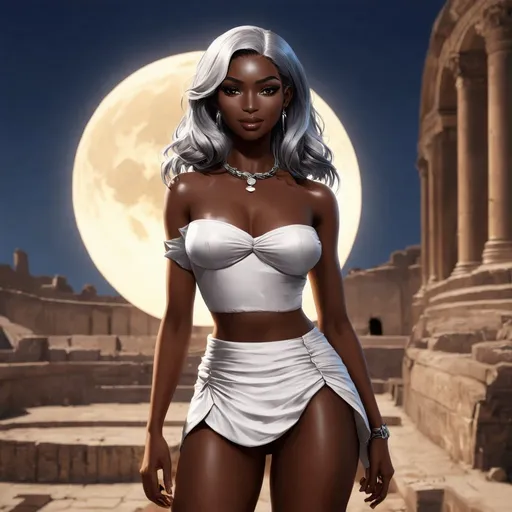 Prompt: Black skin latin woman. Gray hair. in the roman coliseum. in crescent moon. Skirt. photorealistic. Manga style. hd. 8k resolution.