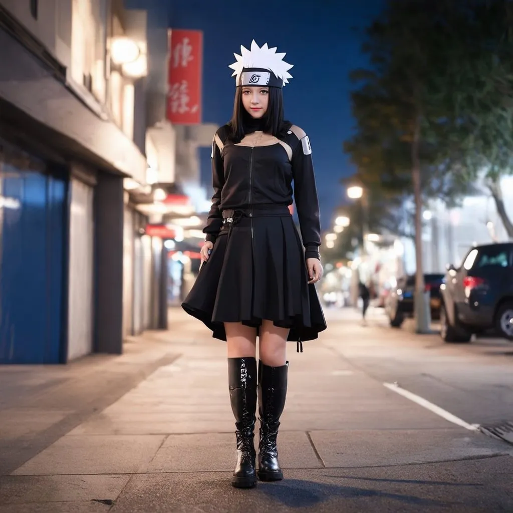 Prompt: chica negra. con cosplay de Hatake Kakashi. falda y botas cortas. caminando por la ciudad. Durante la noche. fotorrealista. Estilo manga. hd. resolución 8k