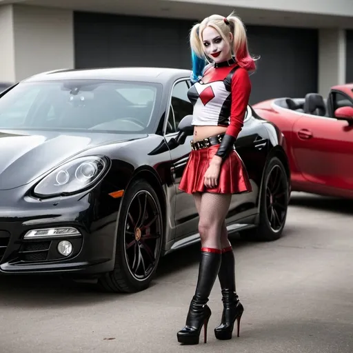 harley quinn. short skirt. next to a Porsche Panamera.