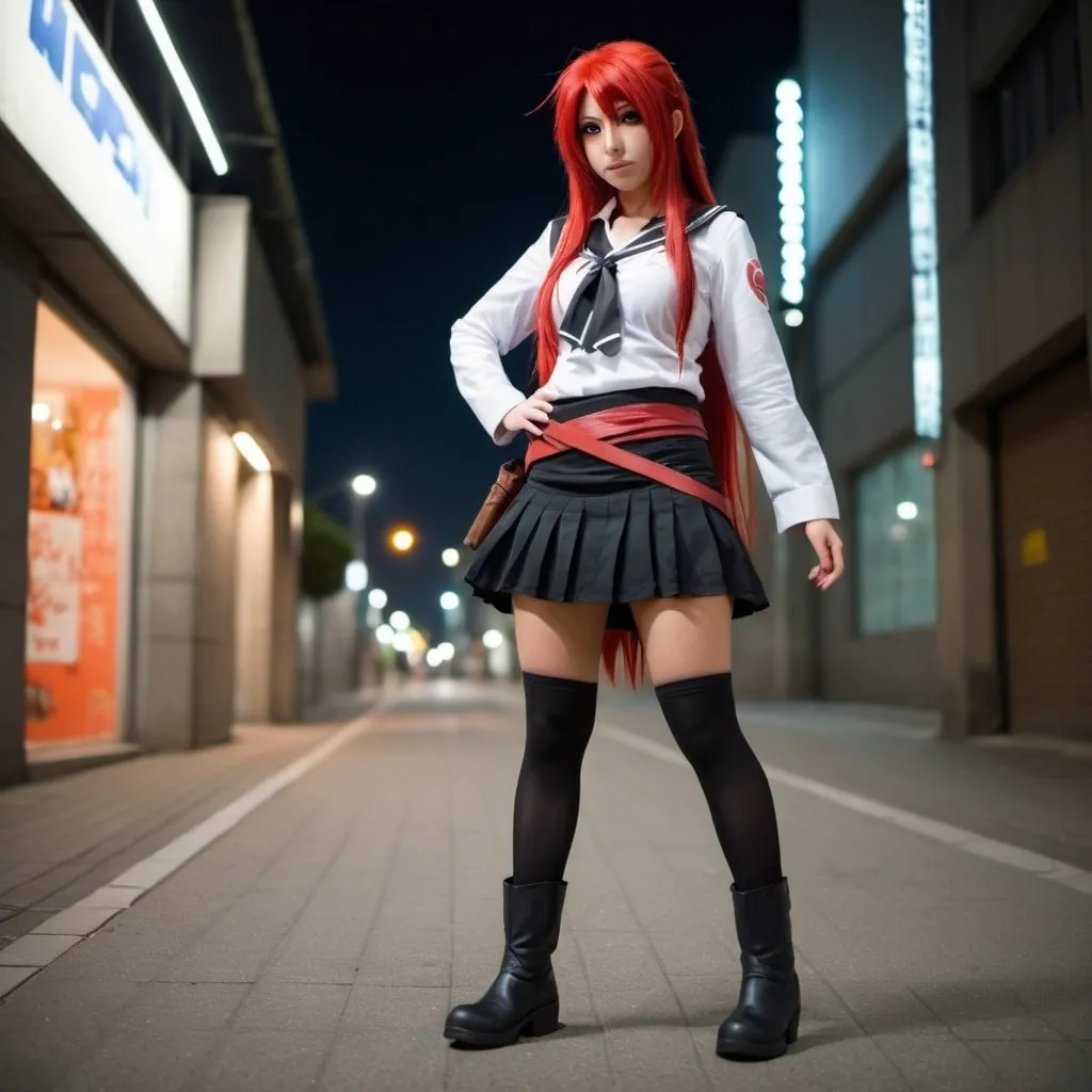 Prompt: chica negra. con cosplay de Kushina usumaki. falda y botas cortas. caminando por la ciudad. Durante la noche. fotorrealista. Estilo anime. hd.