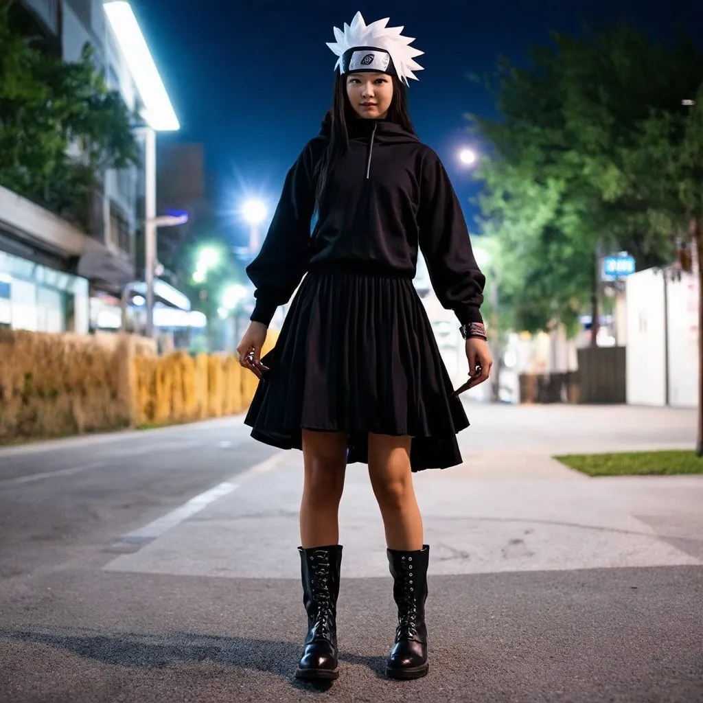 Prompt: chica negra. con cosplay de Hatake Kakashi. falda y botas cortas. caminando por la ciudad. Durante la noche. fotorrealista. Estilo manga. hd. resolución 8k