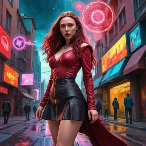 Prompt: the scarlet witch.short skirt. on the streets of a colorful city of the future. cyberpunk. van gogh style. digital art . photorealistic.