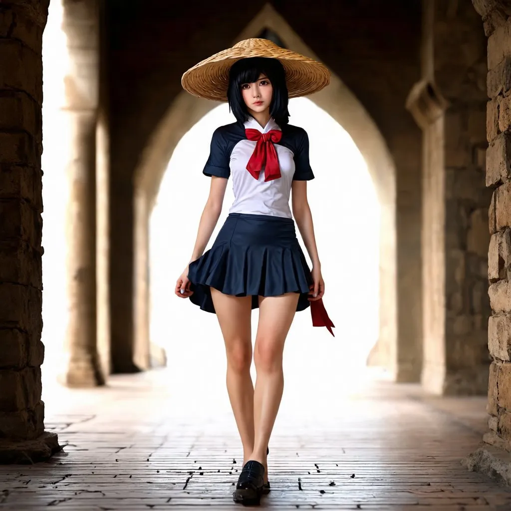 Prompt: Woman wearing an one piece cosplay. Walking  in the halls of an ancient castle. short black hair. fisherman straw hat. short skirt. photorealistic. hd. Digital art.