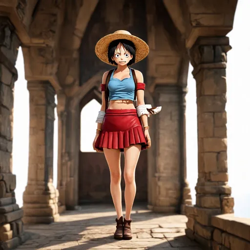 Prompt: beautiful girl wearing a luffy cosplay in the halls of an ancient castle. short black hair. fisherman straw hat. short skirt. photorealistic. hd. Digital art.