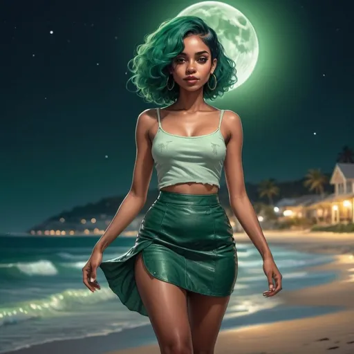 Prompt: latin black skin woman. with deep green hair. Short skirt. walking near the beach at night, with crecent moon. pencil drawing style. hd. 8k resolution