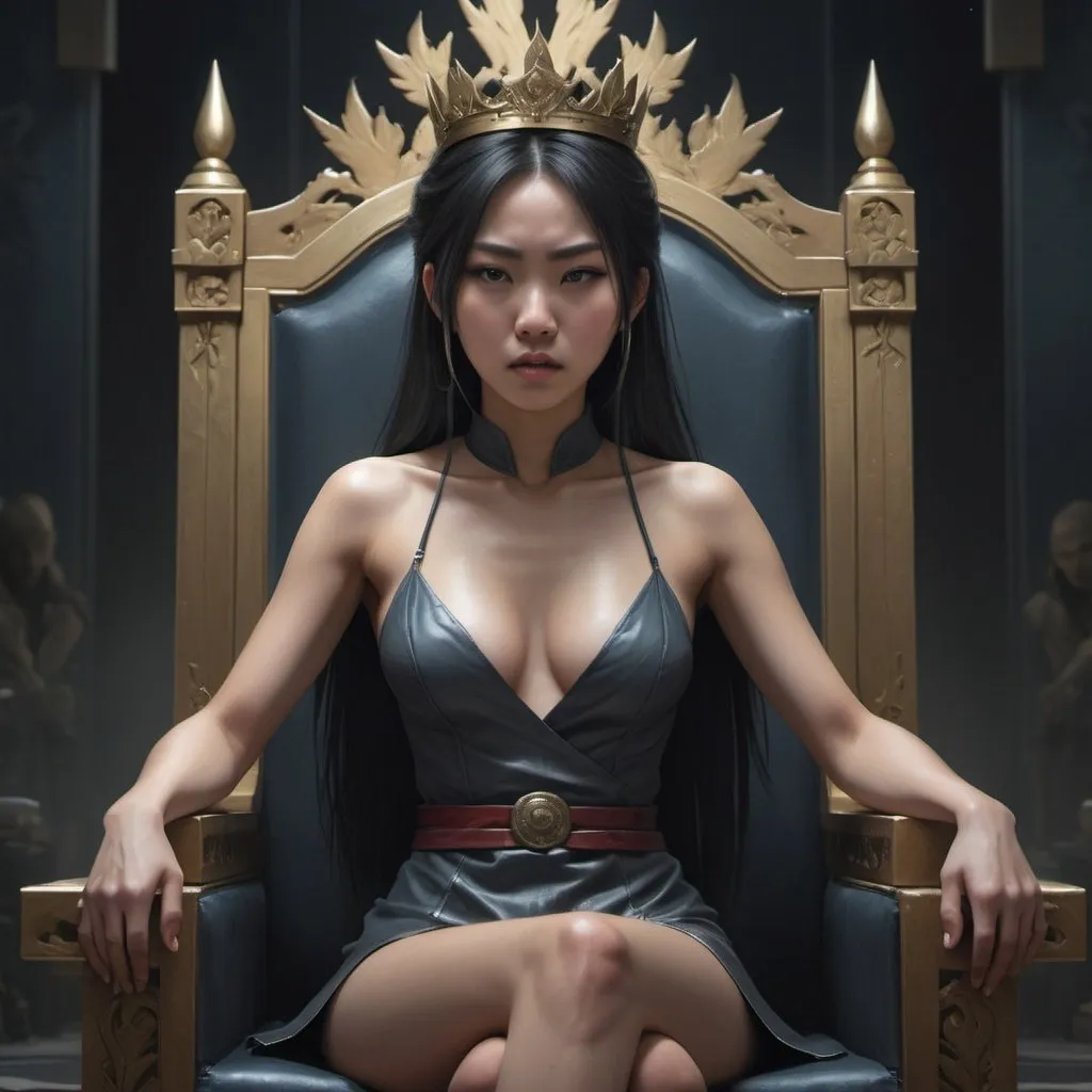 Prompt: a beautiful sadistic Asian woman is sitting on a throne crowning darkness with scar in face,  full body, perfect composition, cinematic, video game trailer, dark, dramatic, detailed painting, 8k, octane render, by makoto shinkai, stanley artgerm lau, wlop, rossdraws, concept art, digital painting, looking into camera,