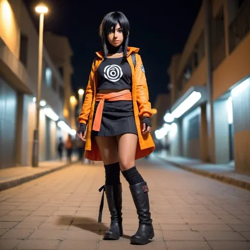 Prompt: chica negra. con cosplay de naruto. falda. y botas. caminando por la ciudad. Durante la noche. fotorrealista. Estilo anime. hd.