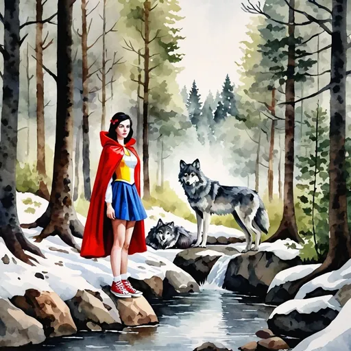 Prompt: Young adult woman. Wearing a Snow White cosplay. in the middle of a forest. near the river. red cape, short skirt and converse sneakers. photorealistic. Watercolor painting style on canvas. accompanied by a gray wolf. 