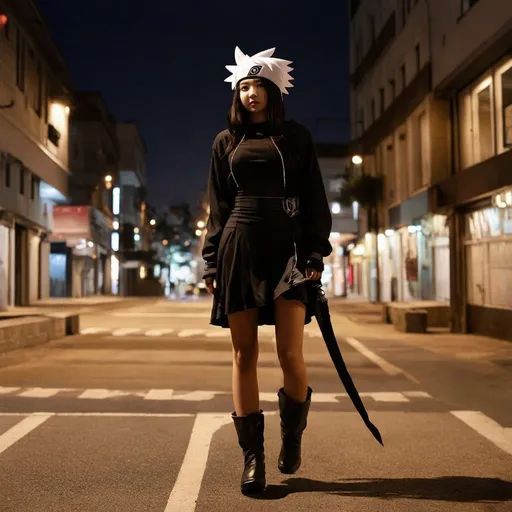 Prompt: chica negra. con cosplay de Hatake Kakashi. falda y botas cortas. caminando por la ciudad. Durante la noche. fotorrealista. Estilo manga. hd. resolución 8k