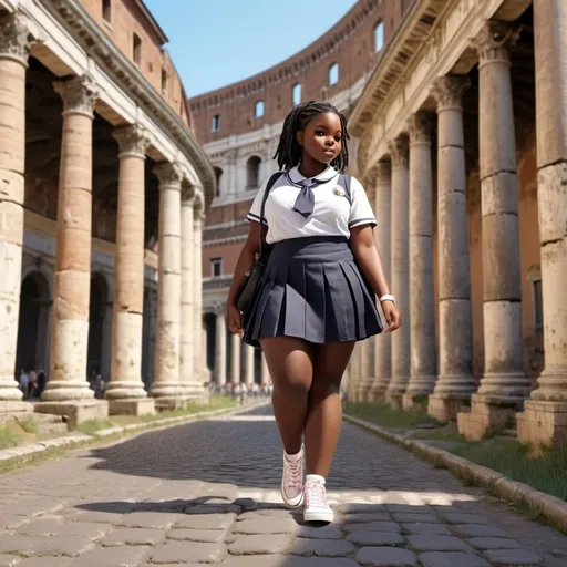 Prompt: African girl. ebony skin plus size. In a schoolgirl uniform. Short skirt and converse sneakers. Walking through Rome. Near the Roman coliseum. Anime style. Photorealistic.