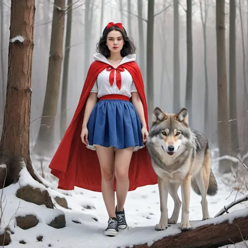 Prompt: Young adult woman. Wearing a Snow White cosplay. in the middle of a forest. near the river. red cape, short skirt and converse sneakers. photorealistic. Watercolor painting style on canvas. accompanied by a gray wolf. 