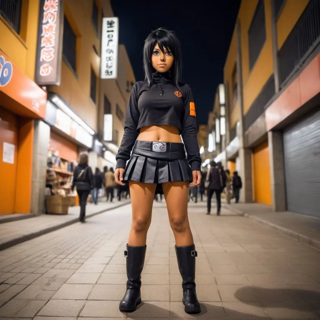 Prompt: chica negra. con cosplay de naruto. falda. y botas. caminando por la ciudad. Durante la noche. fotorrealista. Estilo anime. hd.